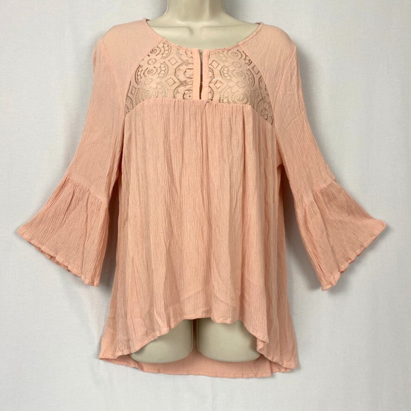 BONGO Tops - Bongo Top Womens Large Dusty Pink Babydoll Sheer Lace Gauzy Bell Sleeve Boho